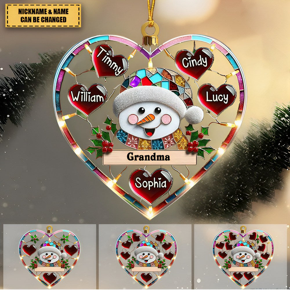 Sparkling Grandma Mom Snowman Heart Kids Personalized Ornament