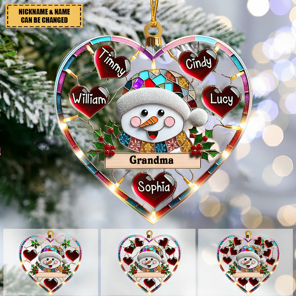 Sparkling Grandma Mom Snowman Heart Kids Personalized Ornament